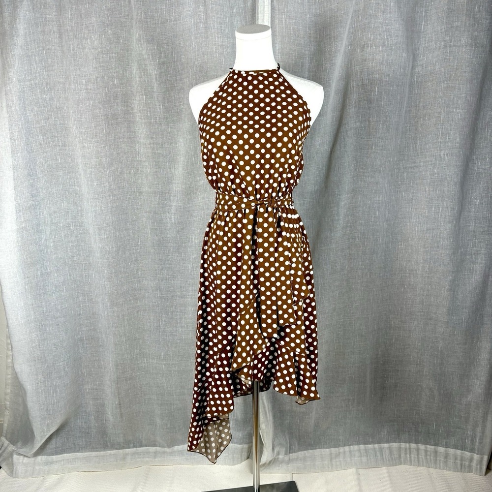 Brown White Polka Dot Asymmetrical Dress Ruffles Clean Girl Italian Summer Sz S